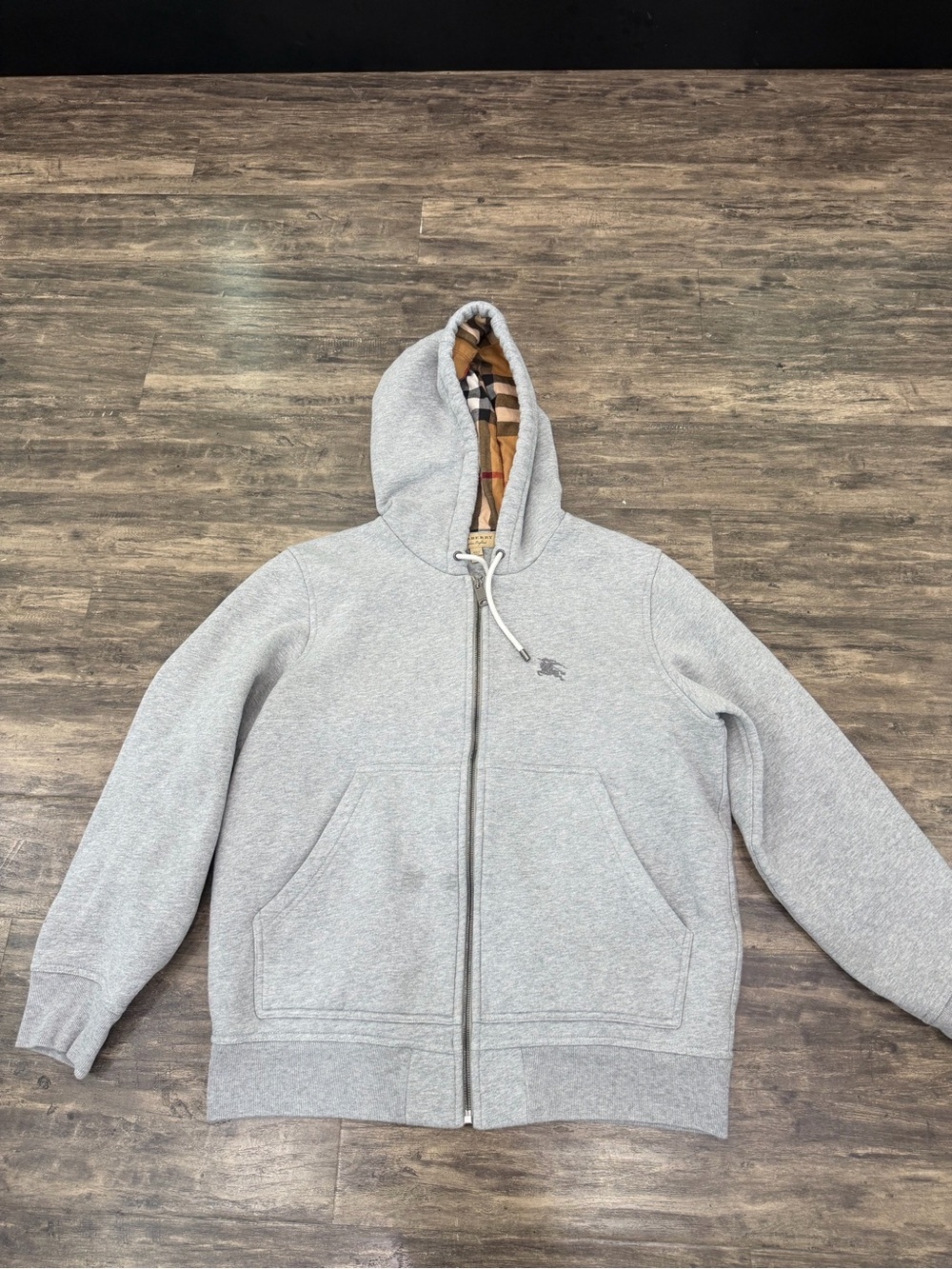Burberry Light Gray Zip-Up Hoodie with Signature Check Hood Lining